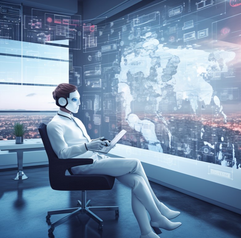 a friendly ai bot sitting in a futuristic office in front of a huge screen creating social media posts