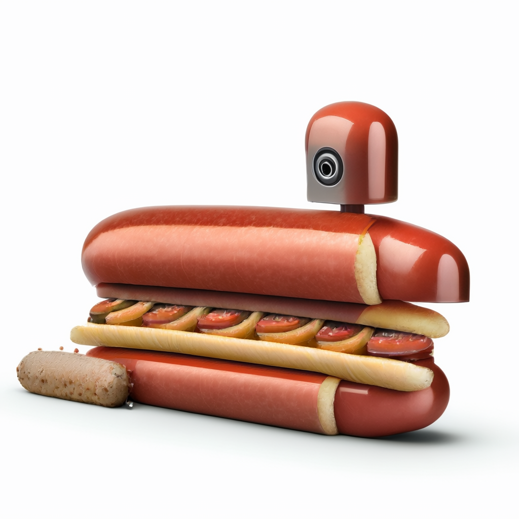 Würstchen - Schnelle Diffusion: PROMPT: A hightech sausages which looks like the mixture between a sausage and an AI robot, high detail, high color, impressive, on white ground by WÜRSTCHEN
